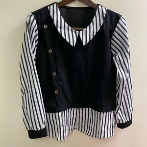 NWOT Black Layered Look Blouse with Striped Collar & Sleeves